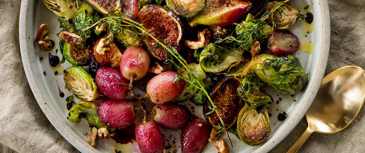 Balsamic Roasted Brussels Sprouts with Grapes and Figs