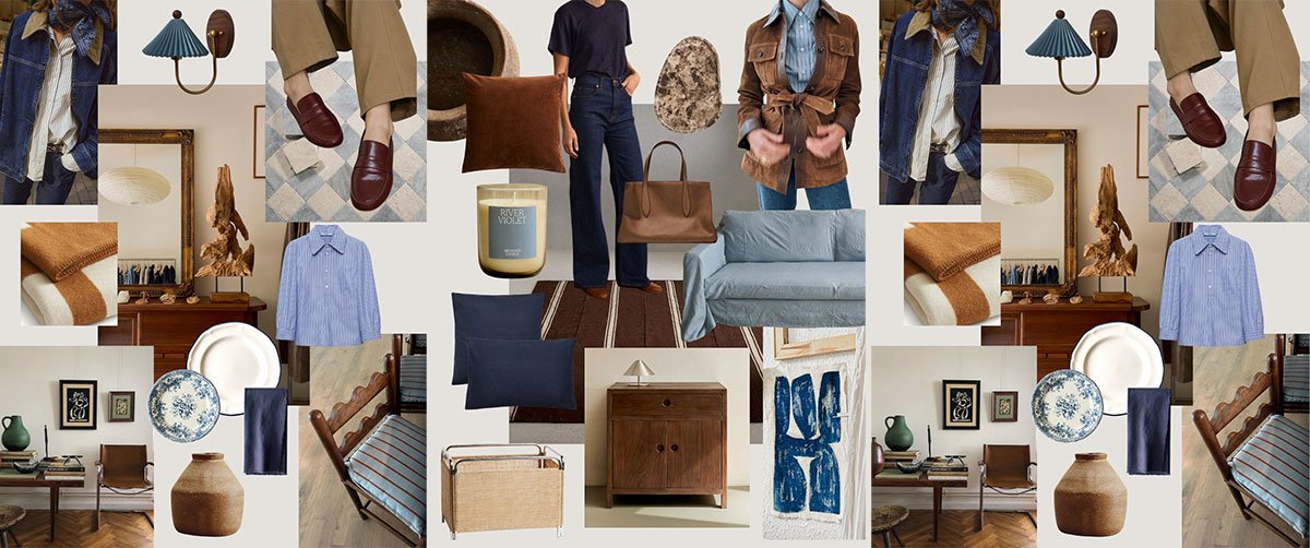 A collage of fashion and interior items